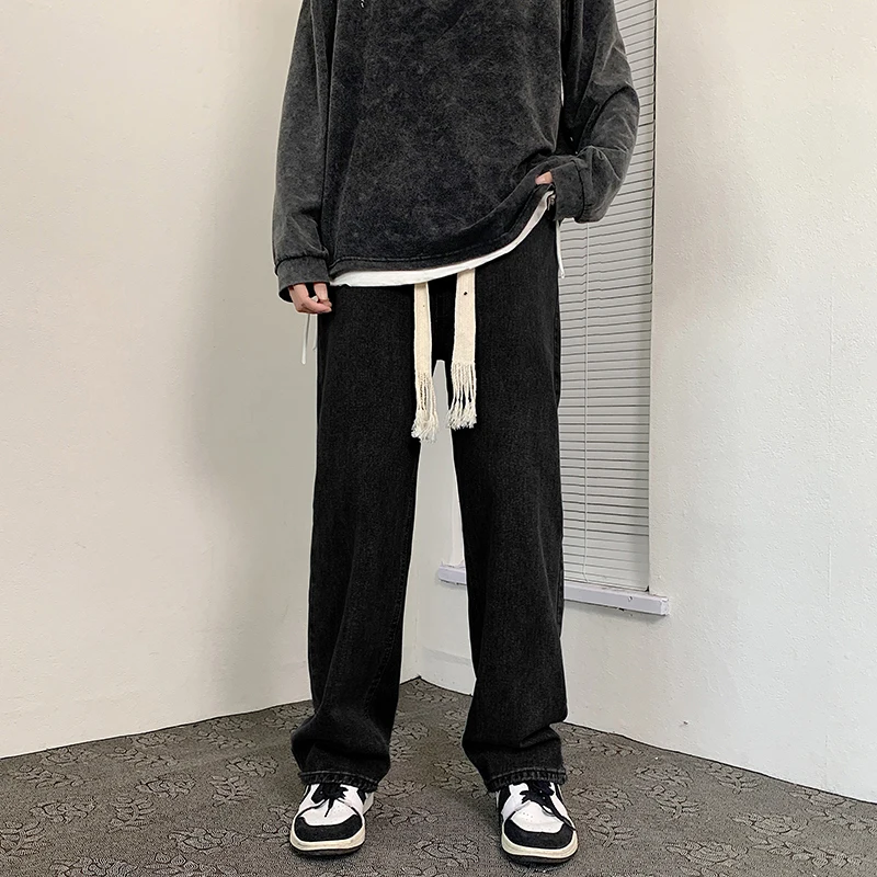 

Gray/Blue/Black Jeans Men Fashion Retro Drawstring Baggy Jeans Men Streetwear Loose Hip Hop Straight Denim Pants Mens Trousers
