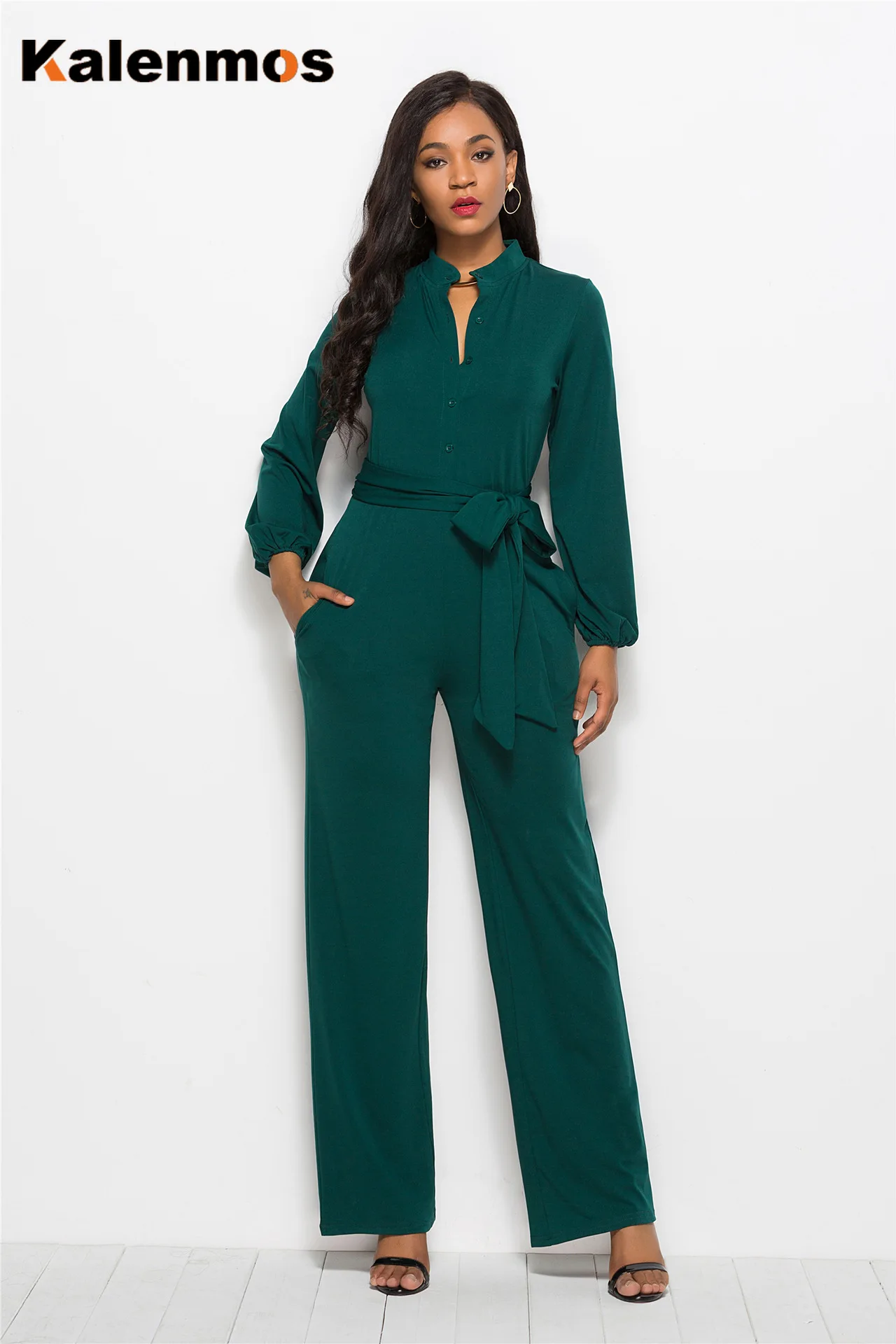 

Kalenmos Autumn Wide Leg Pants Rompers Women Jumpsuit Lace-Up Waistband Solid Romper Office Ladies Casual Loose Pants Jumpsuits