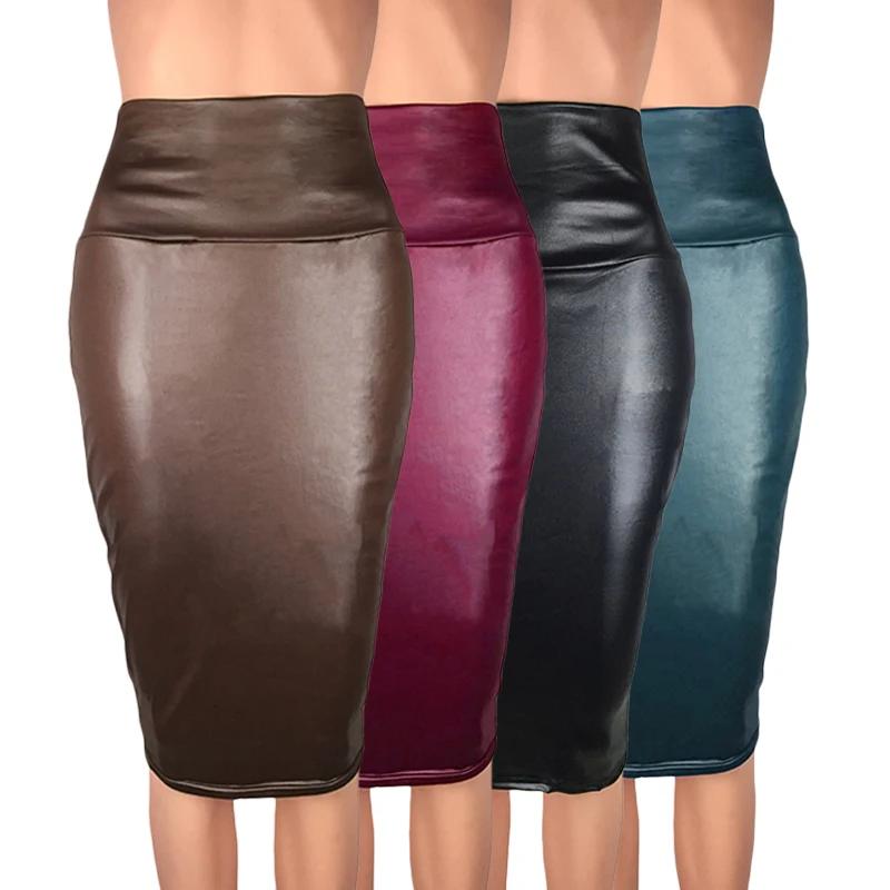 

Women Leather Skirts High Waist Solid Slim Fit Midi Skirt Slim Party Pencil Soft Highlight Your Figure Spring Autumn Skirt