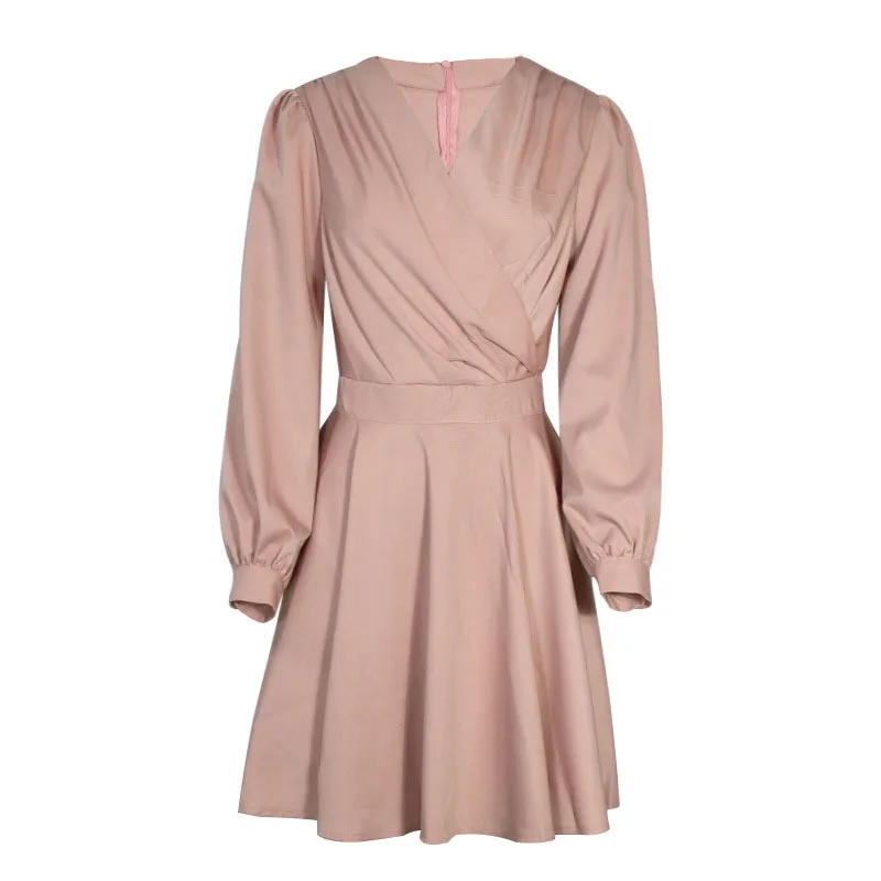 

European and American Hot Selling Styles Women's Autumn and Winter New Fashion Solid Color Thin Waist V-neck Ruffle Dress Women