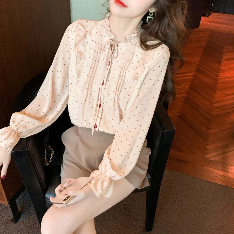 

Lauri Laki New Polka Dot Blouse Chiffon Long Sleeve Shirt Spring Summer 2021 Tops Office Ladies Elegant Vintage Blousa