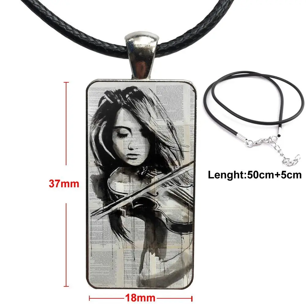 

For Women Men Glass Pendant Necklace Handmade Half Pendant Rectangle Necklace Amazing Music Violin Cute Artistic