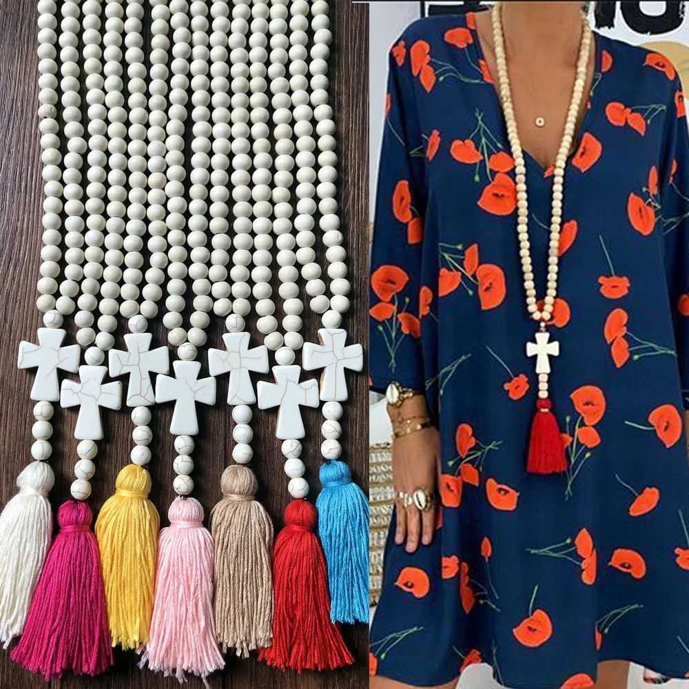 Ожерелье женское с деревянными бусинами подвеской в виде креста |