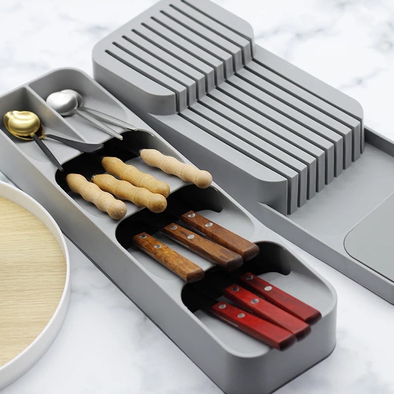 

2021 Cutlery Storage Tray Knife Holder Tableware Organizer Spoon Fork Storage Box Plastic Container plateau Knife Block Holder