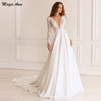 magic awn elegant wedding dresses 2022 long sleeves lace satin illusion modest bridal gowns for women a line robe de mariage
