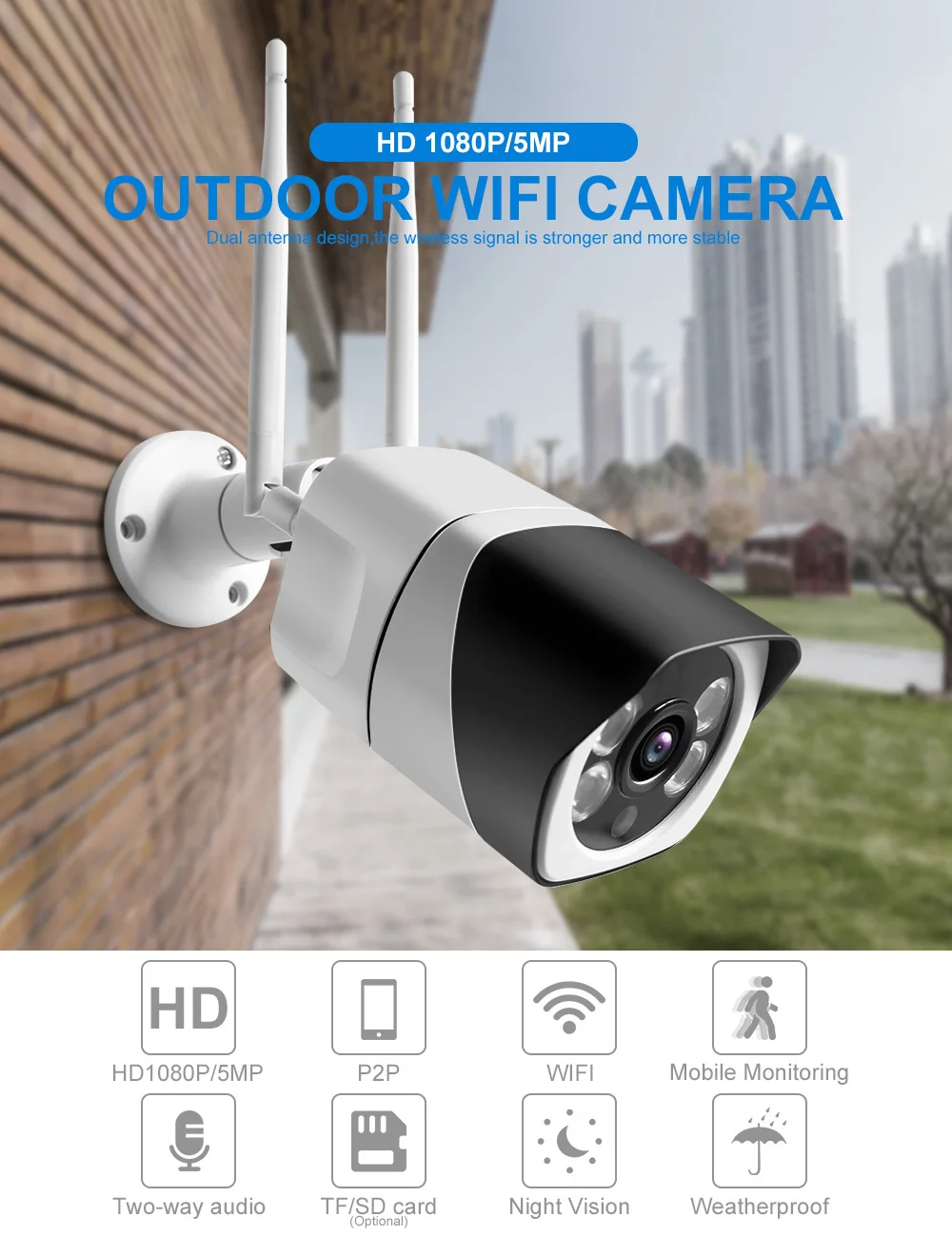 HD 5MP Wifi ip-камера ONVIF 1080P Беспроводная Проводная цилиндрическая камера видеонаблюдения наружная двухсторонняя звуковая карта TF слот Max 64G IR 20m P2P iCsee