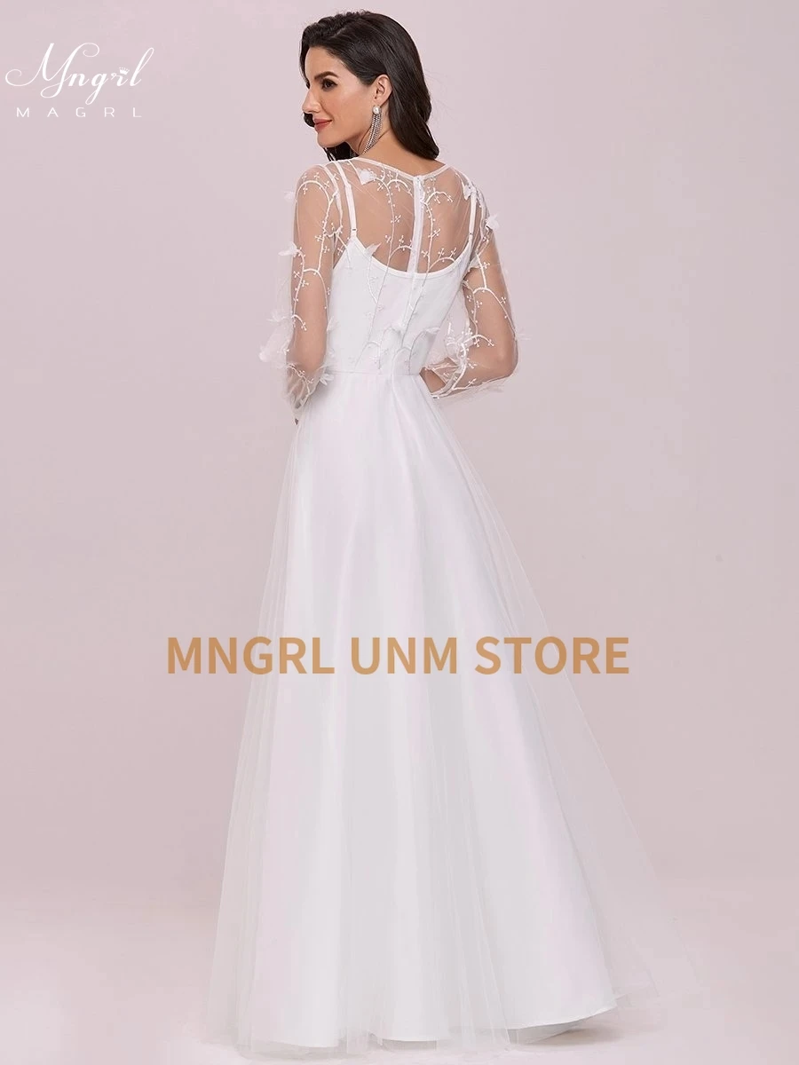 

MNGRL White Wedding Gown Lace 3D Flower O-neck Short Sleeve Plus Size Bridal Dresses Floor-Length Wedding Dress