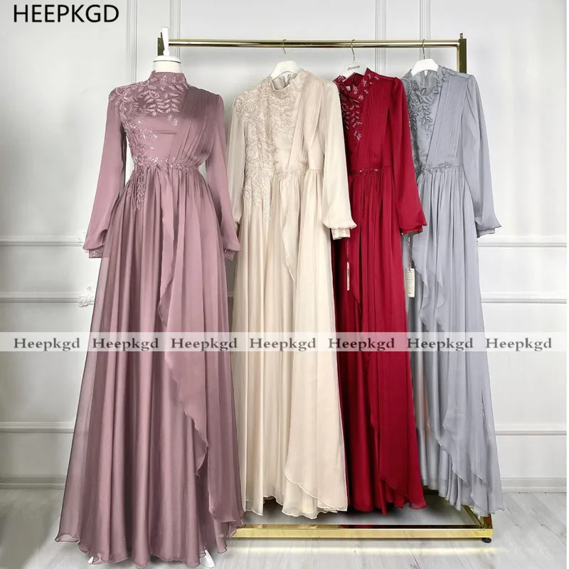 

2021 New Muslim Evening Dress Long Sleeves High Neck Chic Lace Chiffon Plus Size Arabic Women Formal Gowns Robe De Soiree
