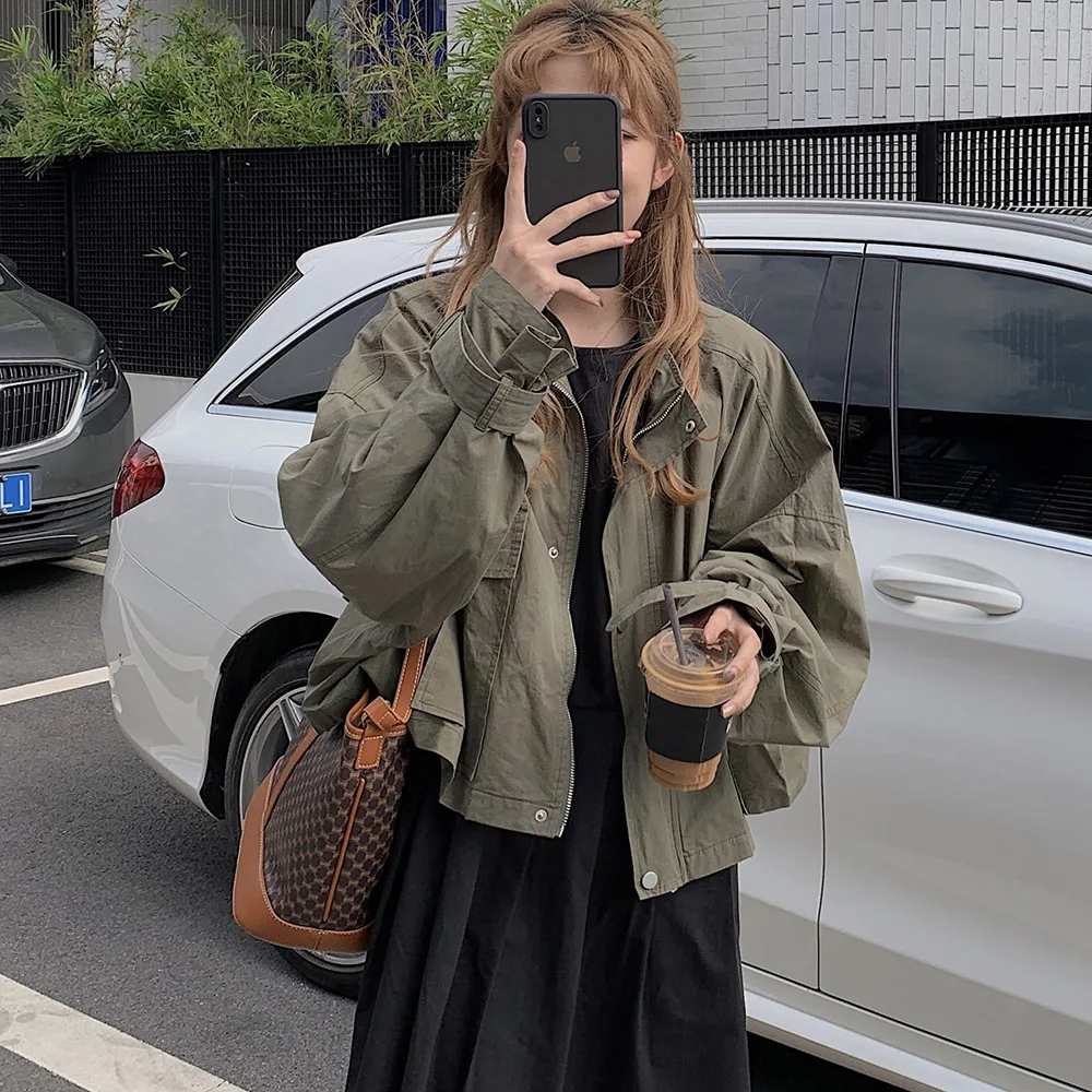 

Japanese Korean Version Jacket Fashion Loose Casual 2021 Spring Summer Simple Pocket Zipper Solid Color Long Sleeve