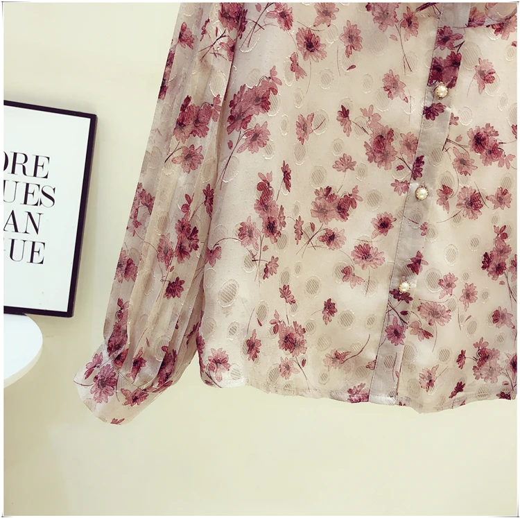 

Spring Autumn Flowers Tops and Blouses Women Stand Collar Long Sleeved Floral Print Loose Chiffon Shirts Ruffles