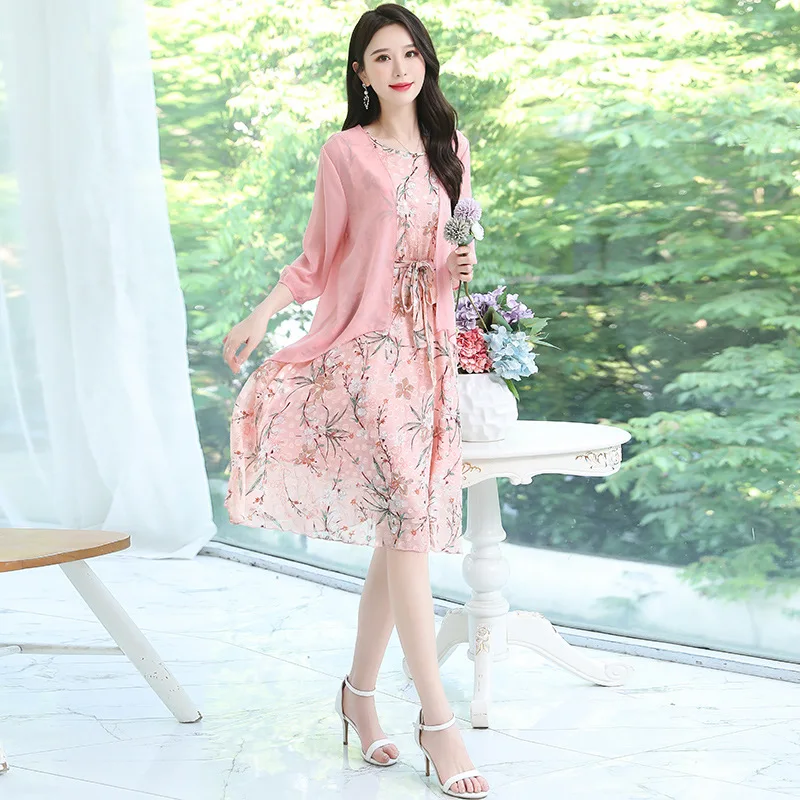 

Fat mm Large Size Dress 2020 Large GIRL'S Jacquard Printed Chiffon Dress Mid-length Belly Covering Slimming Two-Piece Set