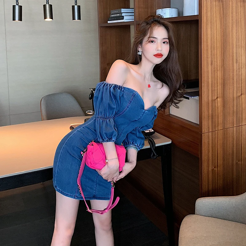 

Sneaky Design off-Neck Denim Dress for Women New Summer Tight Waist Slim and Sexy off-the-Shoulder A- line Dress Tide