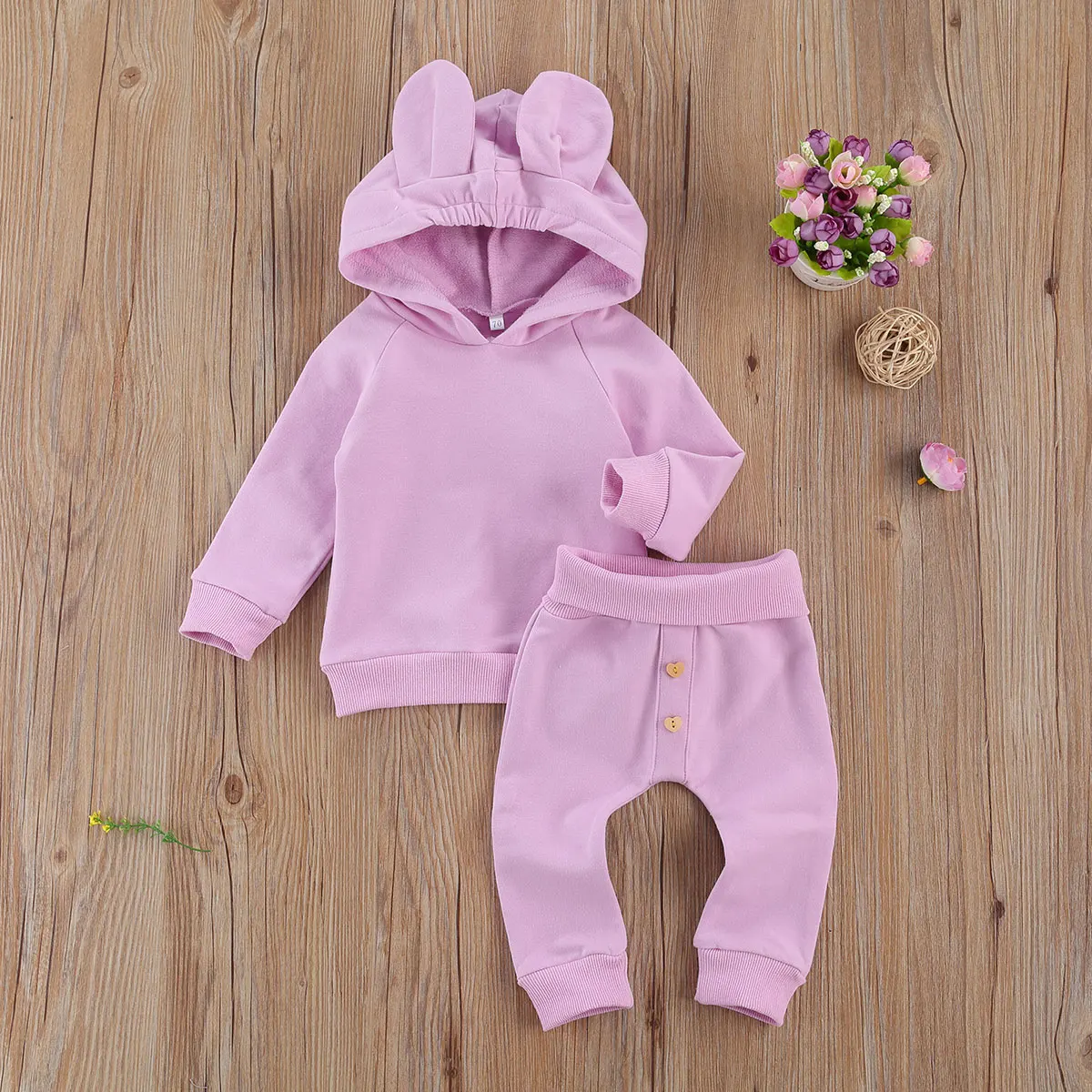 2 Pcs Baby's Casual Suit Solid Color Long Sleeve Hoodie with Cute Ears Loose Button Decoration Trousers Daily Life | Детская одежда