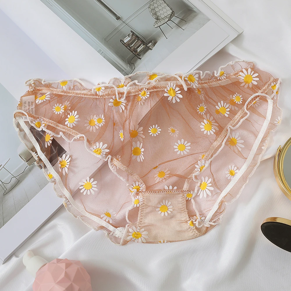 

Daisy Printing Underpants Flower Transparent Mesh Panties For Women Sweet Low Waist Seamless Lingerie