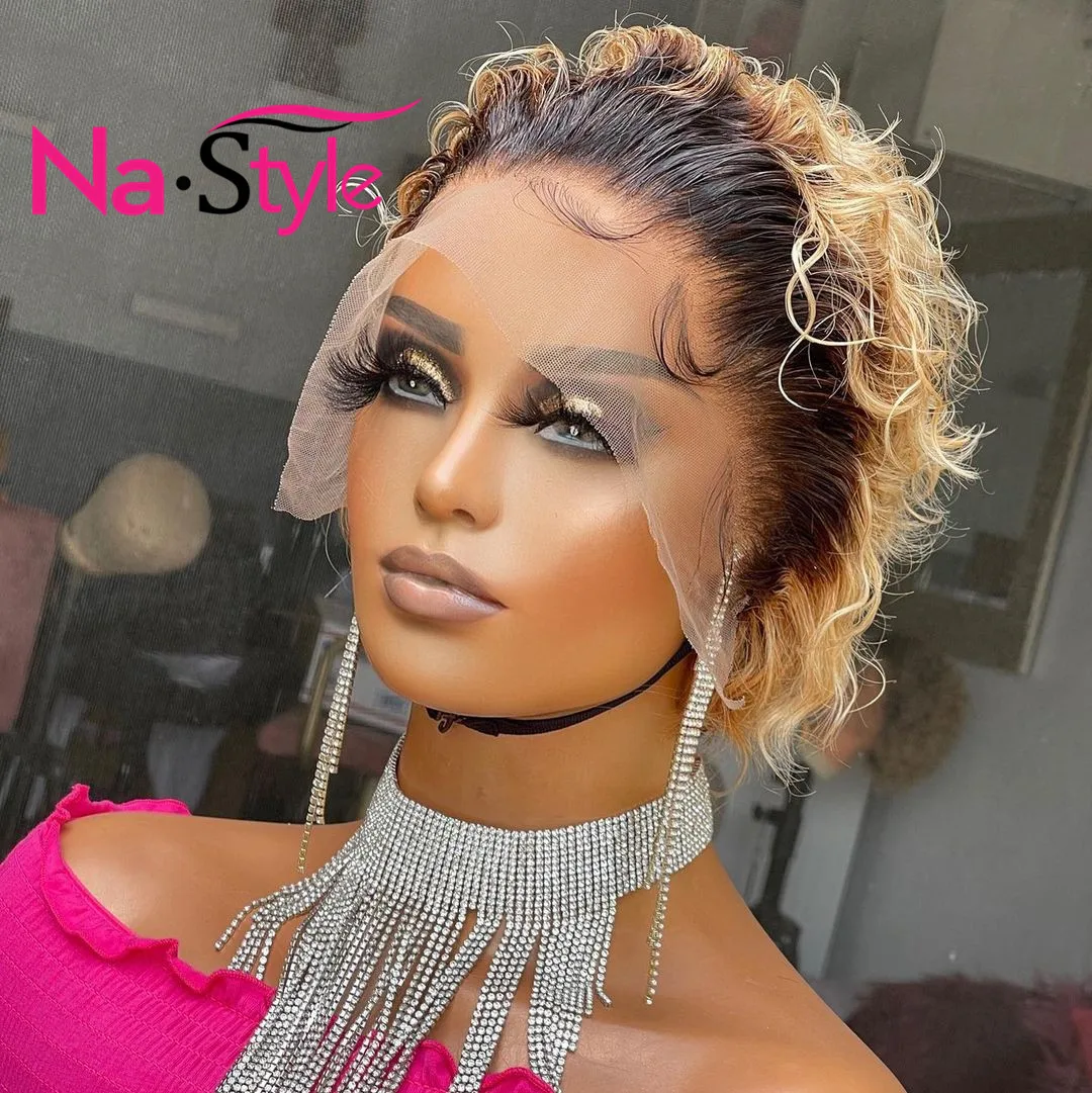 Парик из натуральных волос медовый блонд # 1B/27 стрижка Пикси Короткие парики