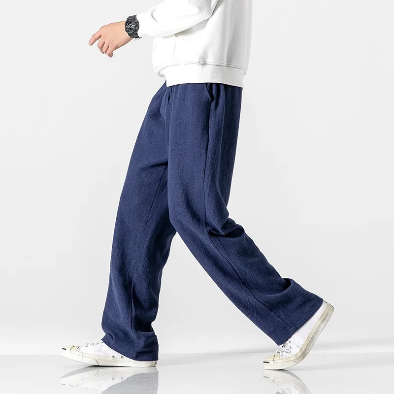 Брюки мужские свободного покроя удобные штаны из хлопка и льна шаровары с