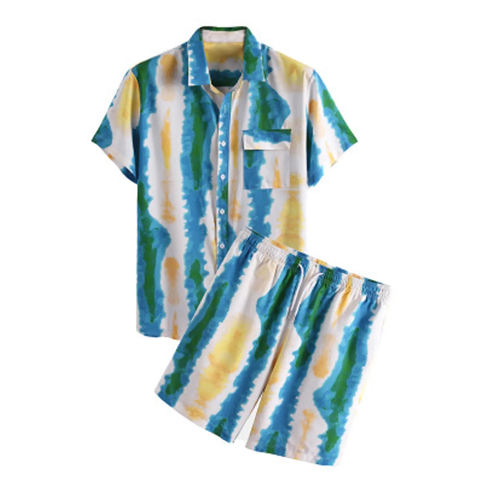 

2021 Men's Spring/Summer Color Block Casual Loose Short Sleeve Shorts Set Shirts With Pockets Casual Refreshing Suits Masculino