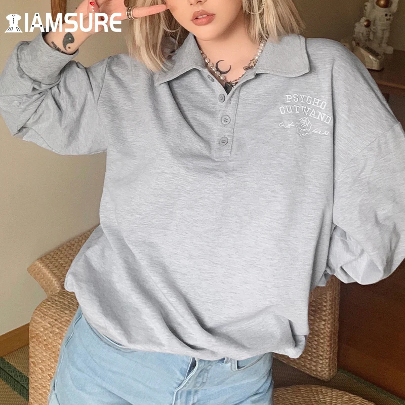

Толстовка IAMSURE с вышивкой персонажа, Осень-зима, повседневная, свободная, однотонная, с отложным воротником, с длинными рукавами, 2021