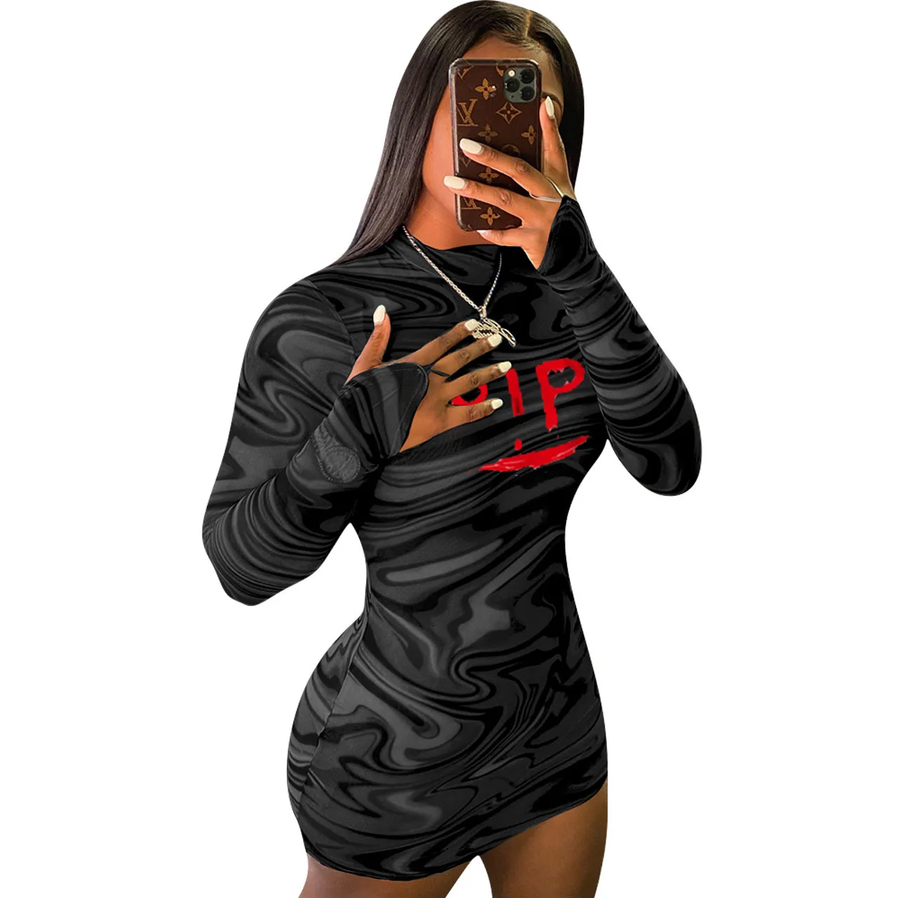 

Sexy Black Bodycon Min Dress Fashion Letter Printed Dresses Long Sleeve Turtleneck Midi Club Dress Party Wear Women Clothing