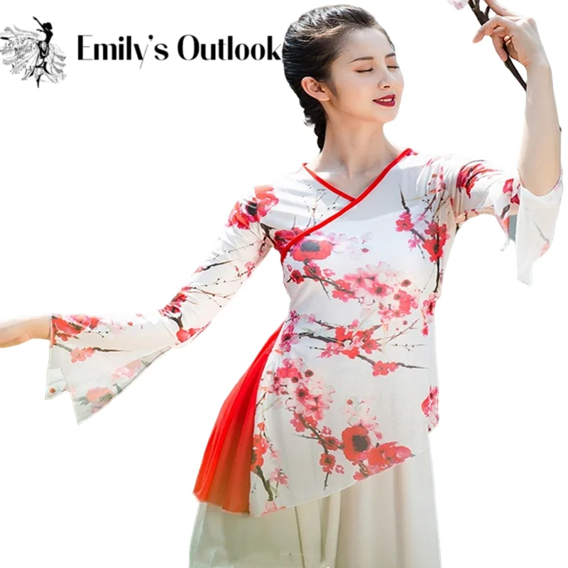 

Chinese Red Plum Blossom Classical Dance Shirt Long Sleeve Mesh Body Rhyme Top Modern Dance Practice Flowy Wear Adults