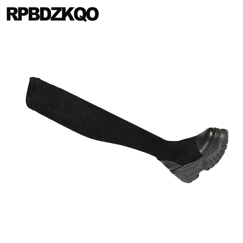 Замшевые облегающие Женские сапоги до бедра высокие на платформе с высокой