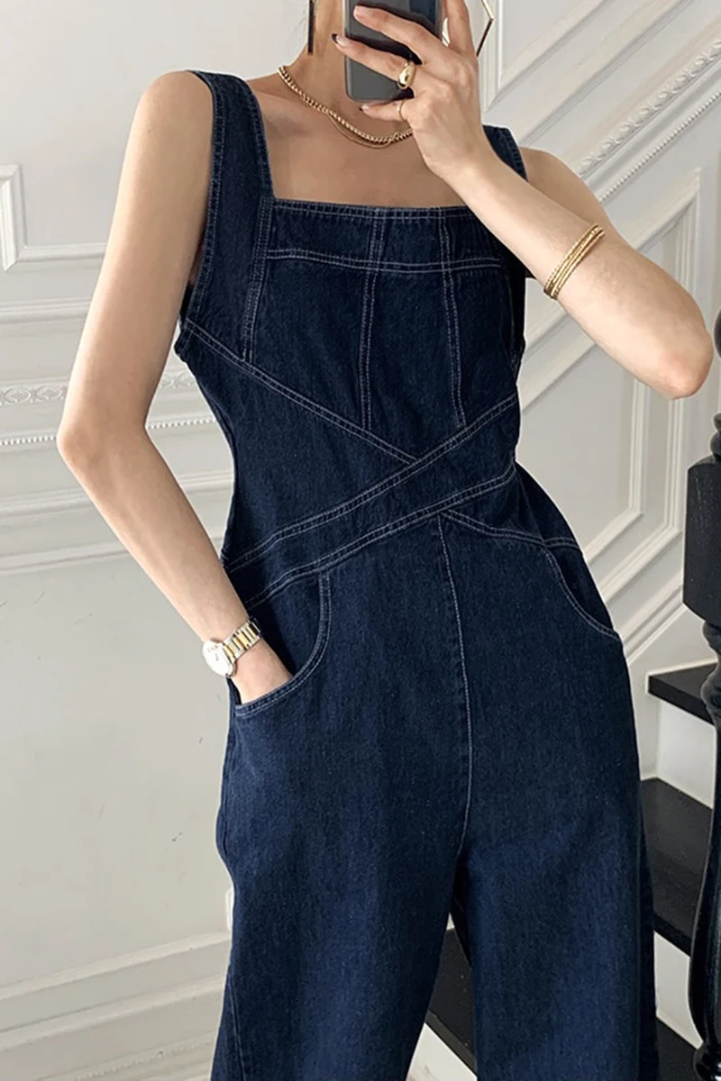 

Women Jumpsuits 2021 Summer Korea Chic Retro Square Neckline Contrasting Color Double Pockets Straps Denim Trousers