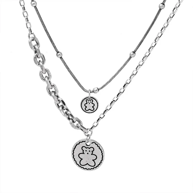 

Korean Fashion Bear Round Necklace Female Ins Temperament Retro Punk Sweater Chain Double Tide Necklace for Women 2021