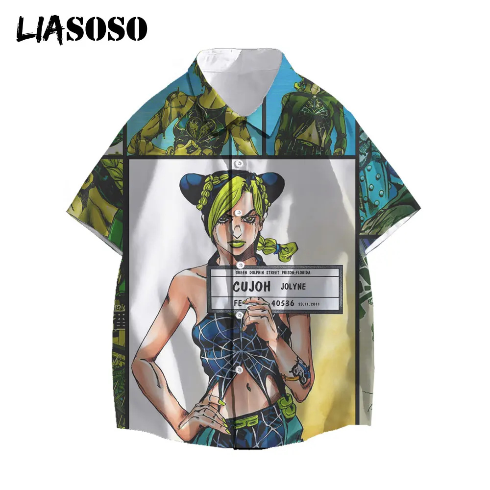 

LIASOSO New Men's Shirts Women Men Camicias Casual Wild Shirts Anime JoJo Bizarre Adventure 3D Printed Short-Sleeve Tops