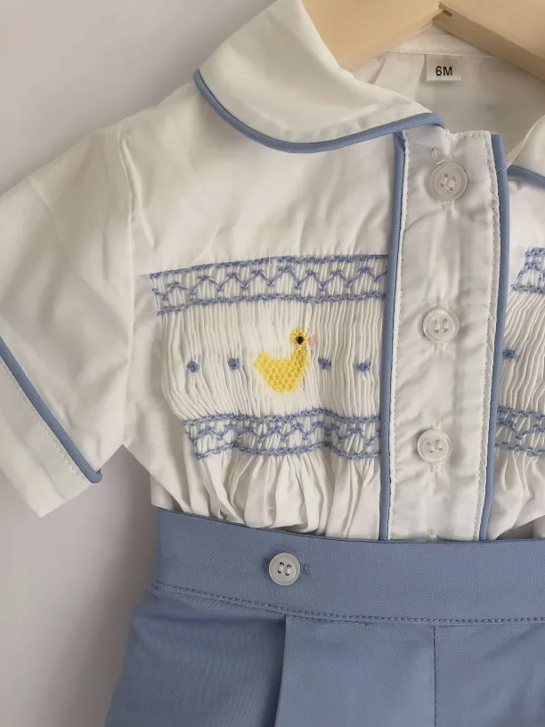 

Baby Boy Smocked Clothes Set Children Spanish Boutique Clothing Toddler Boys Smocking Embroidery Duck Shirt Infant Shorts Outfit