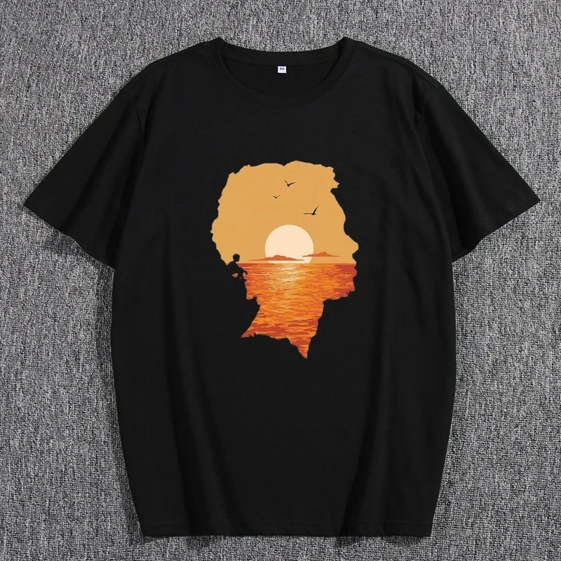 

Men's Short Sleeve T-Shirt 100% Cotton Sunset Head Print Casual Loose Fashion O-Neck Summer
