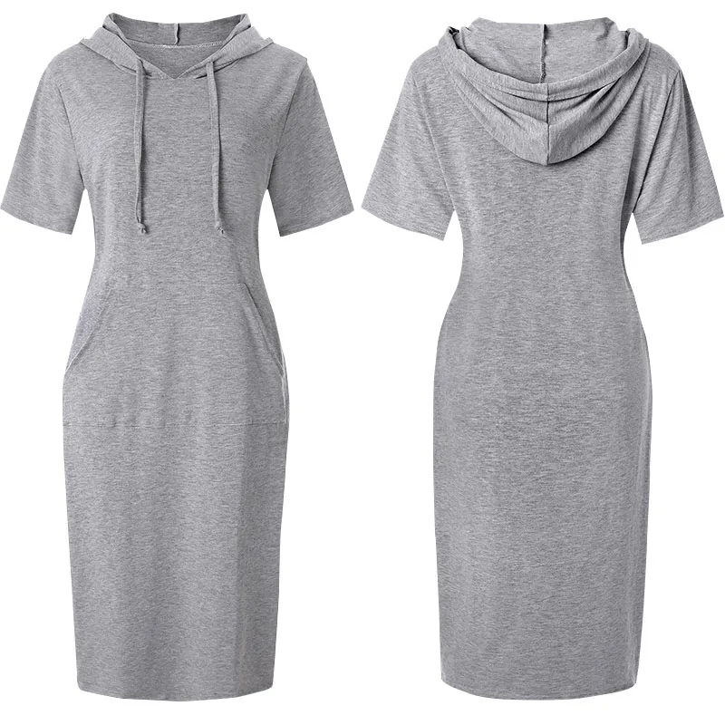 Women 2021 Summer Hoodie Dress With Pockets Over Size Loose Hooded Dresses Short Sleeves Versatile Fashion Knee Length Skirt