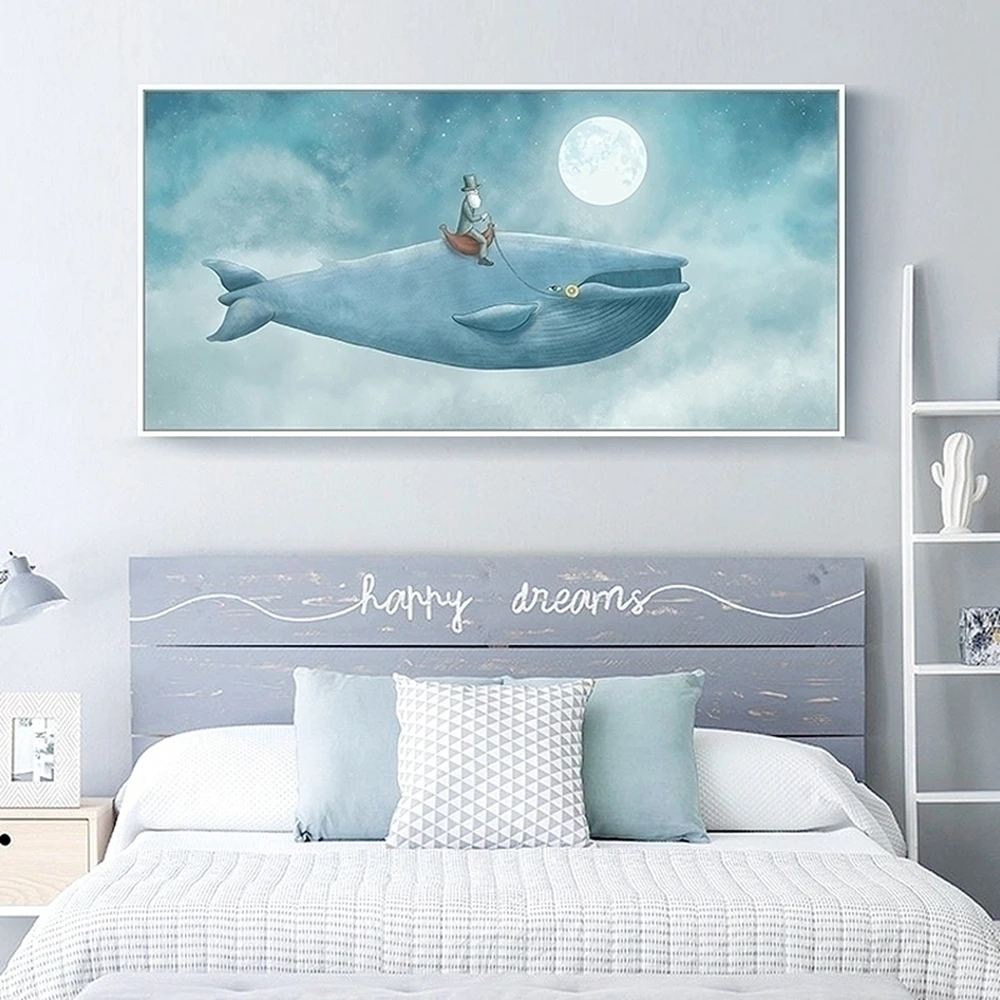 Cartoon Old Man On The Whale Canvas Painting Wall Pictures For Kids Room Baby Decorative Art Posters And Prints | Дом и сад