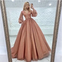 rose gold quinceanera dresses puff long sleeves a line sweep train evening gowns formal party prom dress vestidos de fiesta 2022