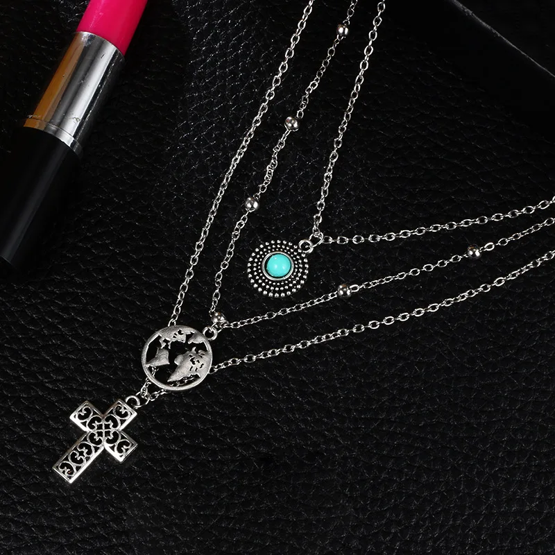 

Personality Cross World Map Turquoise Three-layer Pendant Necklace
