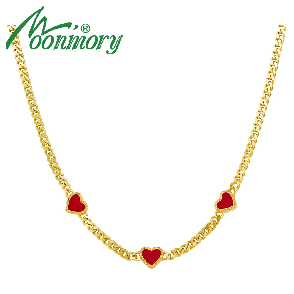 

Moonmory Original 925 Sterling Silver Gold Plated Chain Necklace With Red Enamel Heart Charms For Women Jewelry Choker Wholesale