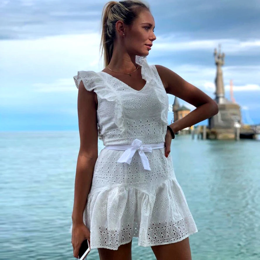 Женское летнее Мини Платье с V образным вырезом белое хлопковое платье рюшами и