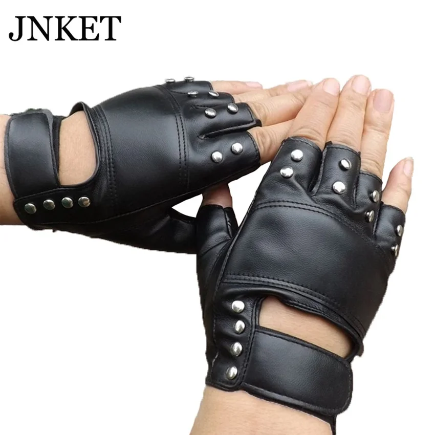 

JNKET Punk Rivets PU Leather Womenâ€˜s Fingerless Gloves Singing Dance Performance Gloves Outdoor Cycling Gloves