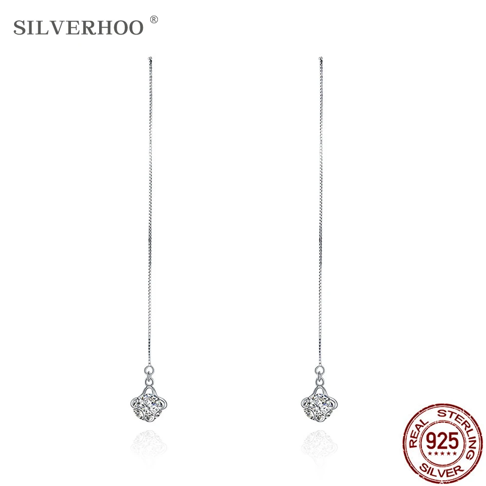 

SILVERHOO 925 Sterling Silver Long Tassel Flower Shape Drop Earring Clear Round 5A Cubic Zirconia Earrings Women Fine Jewelry