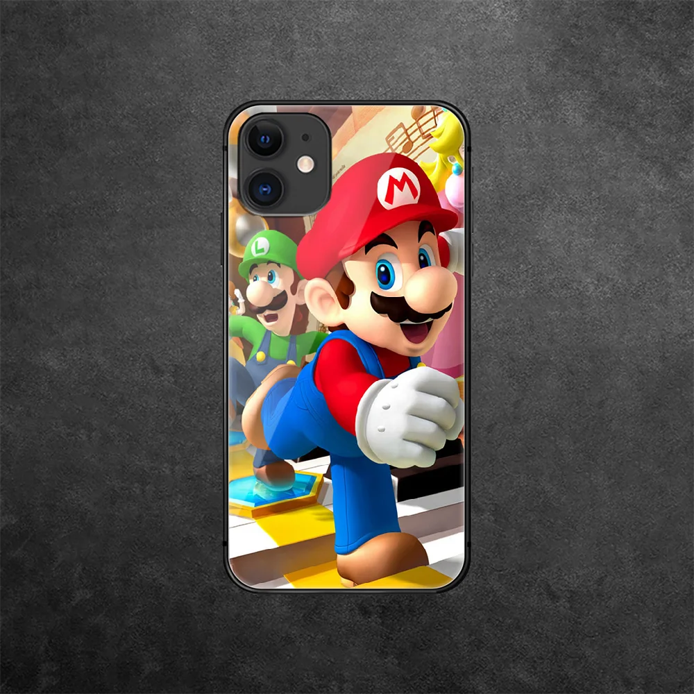 

Marios Cartoon Super Game Tempered Glass Phone Case Cover For IPhone 5 5S 6 6S 7 Plus X Xs Xr Se 2020 11 12 Pro Max Mini Black