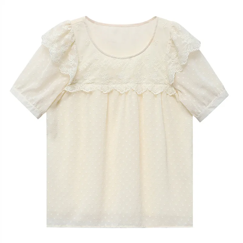 

POUNGDUDU 2021 Summer Women's Chiffon Shirt Female Tops For Women's Blouse Sweet Girl Lace Stylish Puff Sleeve Office Lady
