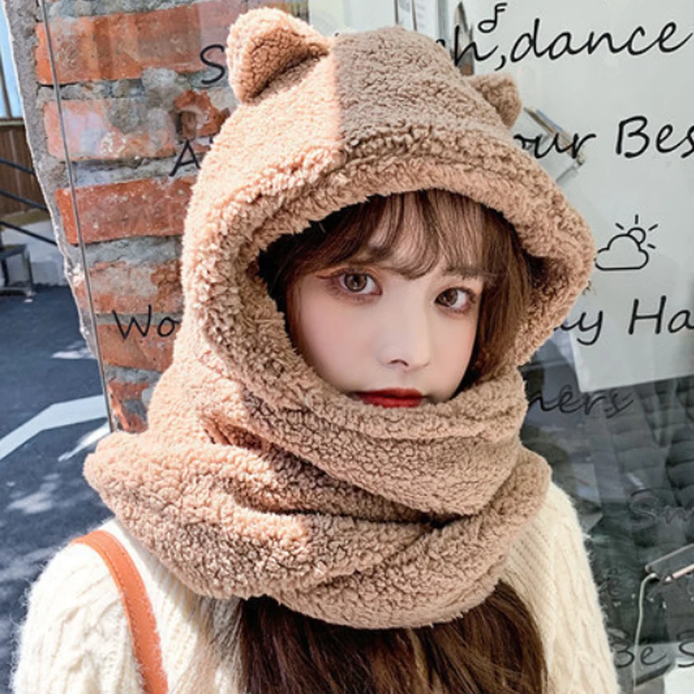 

Casual Novelty Plush Warm Ear Hat Hat Scarf Set Beanies Caps Women Caps
