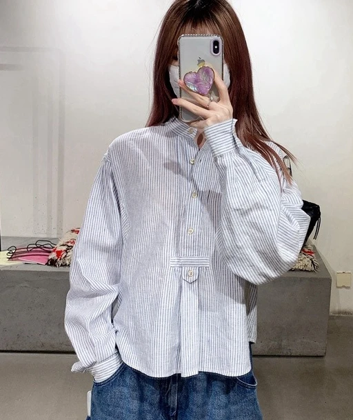 

Женская рубашка, Новинка осени 2021, полосатая свободная простая тонкая рубашка на пуговицах с круглым вырезом и длинными рукавами для поездок