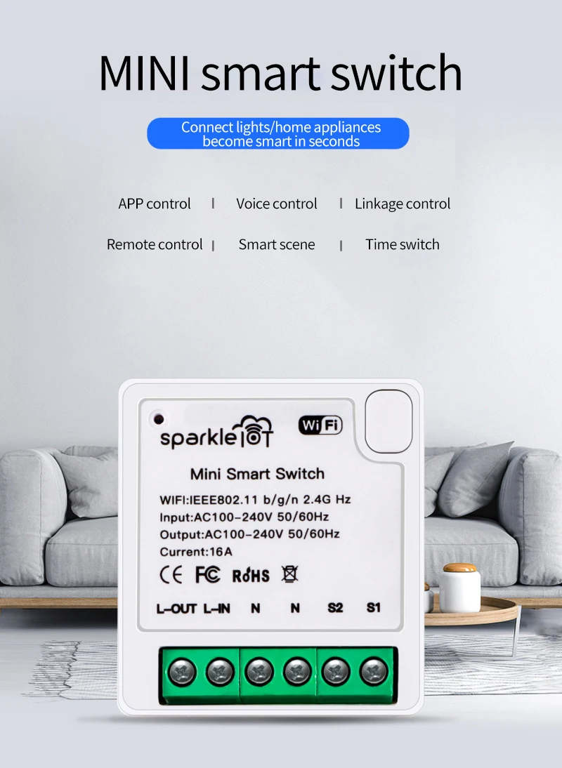 

Умный мини-выключатель Tuya с Wi-Fi, 16 А