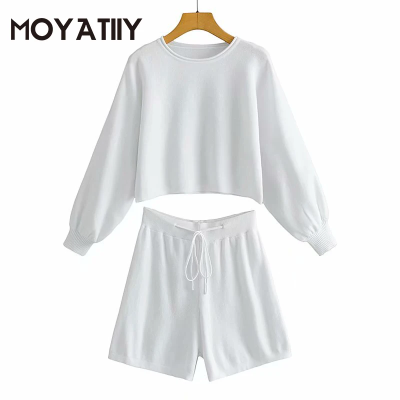 

Модные женские комплекты MOYATIIY, топы и шорты, повседневные белые однотонные толстовки оверсайз, женские топы с регулируемыми рукавами-фонар...