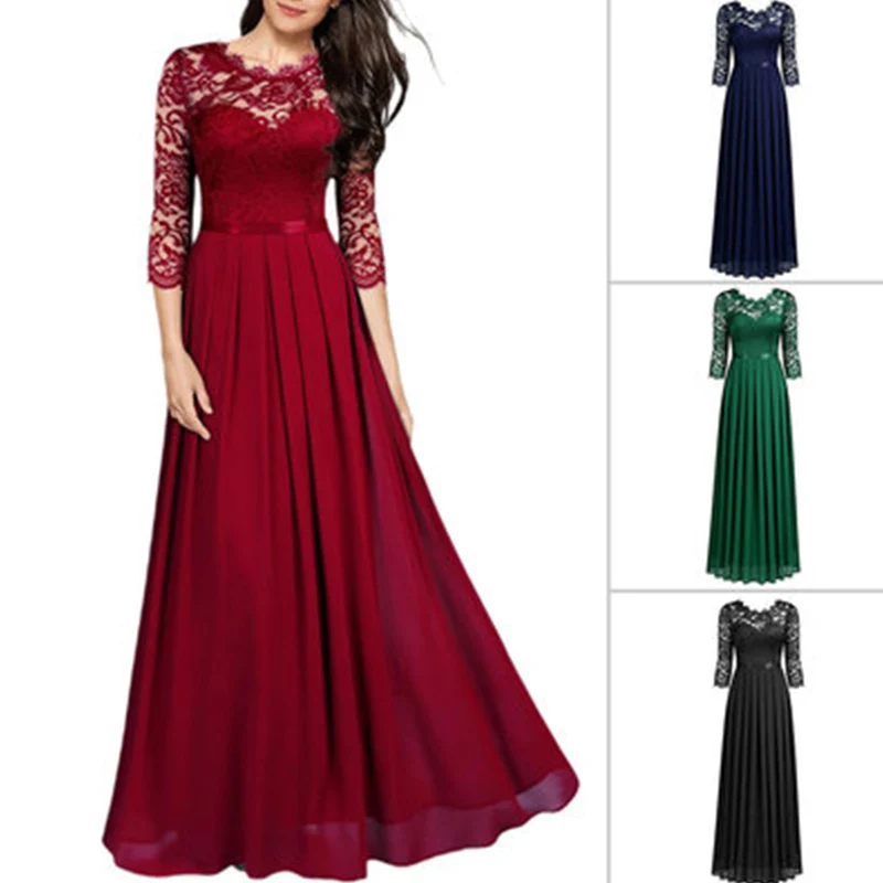 2021 Women Elegant Chiffon Long Vestidos Ladies Autumn Stitching Lace Evening Party Dress Fashion Sexy Maxi Bridesmaids Dresses