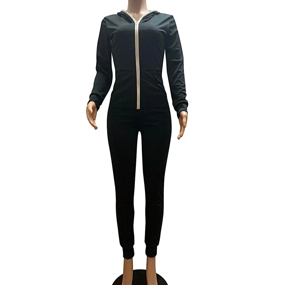 

2020 Womens Autumn Fashion Skinny Long Sleeve Athleisure Bodycon Jumpsuits Solid Color Zipper Hoodie Pocket Slim Overall