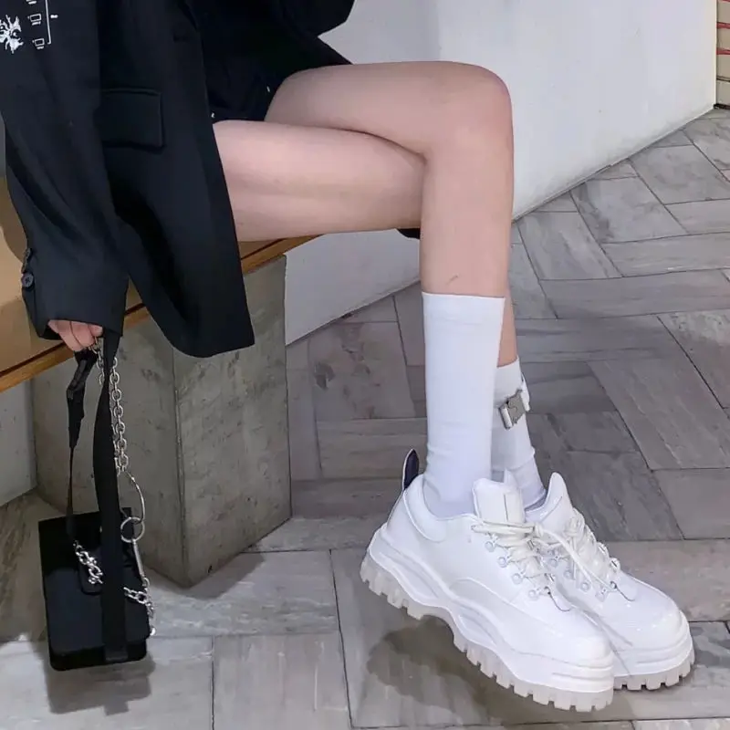 

Mary Jane Women's Shoes Fashion Patent Leather Lace-up White Platform Shoes Women Loafers Wild Sweet Girl Round Toe Female Shoe