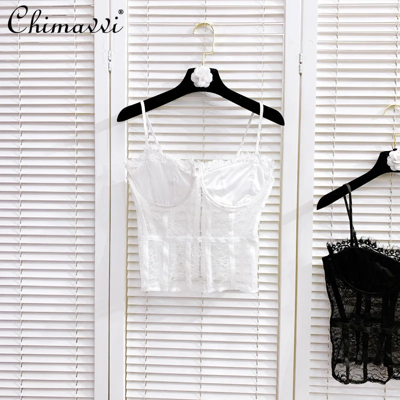 Women Vintage Slim Lace Hollow Out Solid Color Camisole Tube Top Ladies Spaghetti Strap Crop Tops Back Zipper Sling Camisole