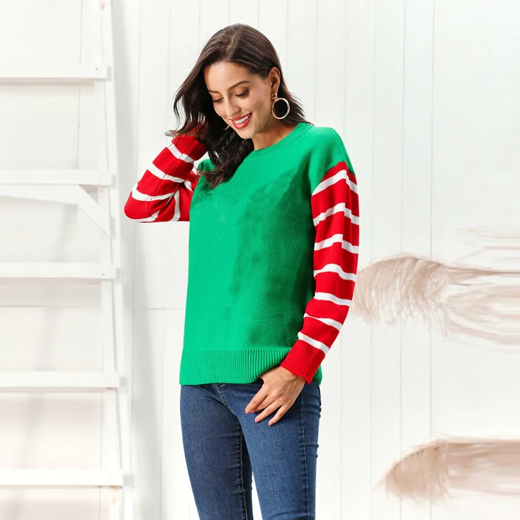 Женский зимний свитер рождественско-красного и зеленого цветов с О-образным