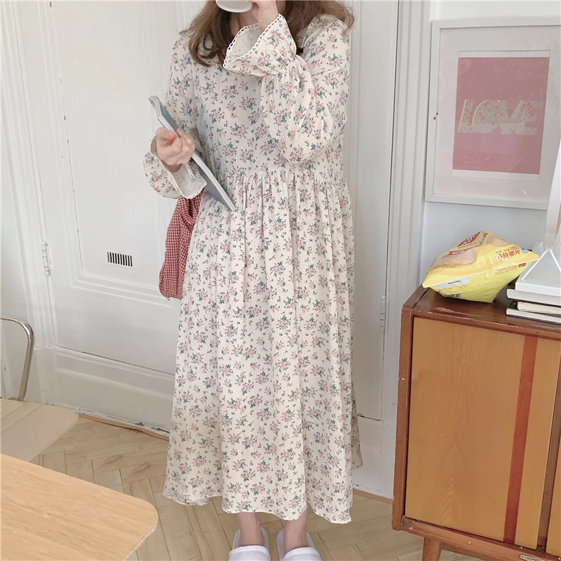 

women nightgown 100% cotton crepe home dress spring autumn flare sleeve loose vintage floral print nightdress gauze kawaii L464